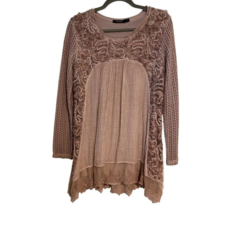 Radzoli Women's S Taupe Tunic Top Lace Embroidered Long Sleeves Feminine Cottage